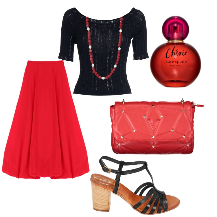Outfit donna - Occhidigatto. Stile Glamour per Serata fuori. Abbinamento con profumi, collane, maglieria, gonne lunghe, sandali in pelle, borse a tracolla.