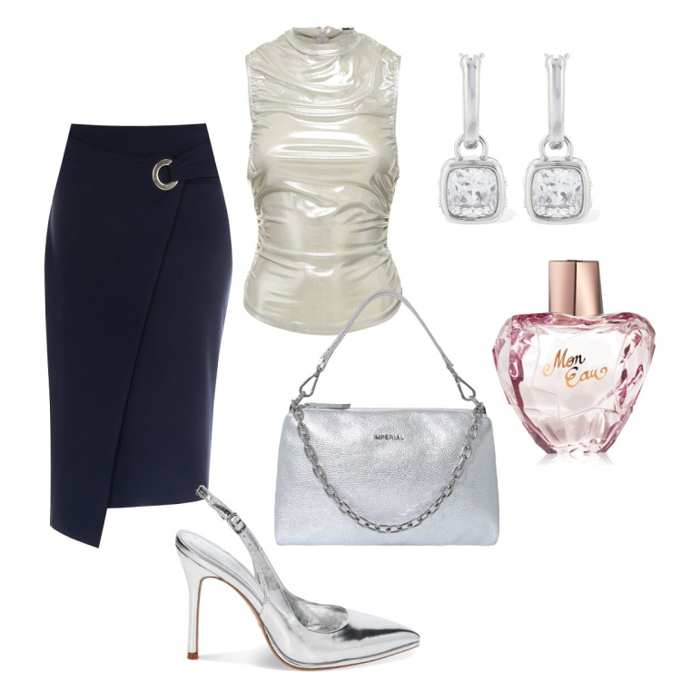 Outfit donna - Perfetta. Stile Glamour per Serata fuori. Abbinamento con profumi, gonne longuette, pochette, décolleté, top, orecchini.