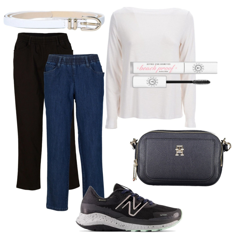 Outfit donna - Minimal. Stile Minimal per Tutti i giorni. Abbinamento con pantaloni, mascara, sneakers, cinture, borse a tracolla, maglieria.