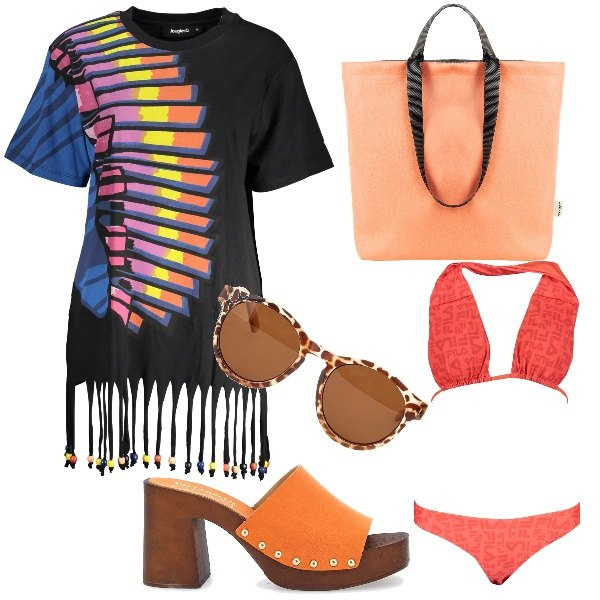Outfit donna - Un tuffo rinfrescante. Stile Basic per Mare. Abbinamento con borse tote, zoccoli, vestiti corti, bikini, occhiali da sole.