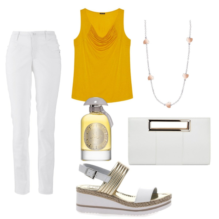 Outfit donna - Tenace. Stile Casual per Ufficio. Abbinamento con pantaloni, profumi, collane, pochette, sandali in pelle, top.