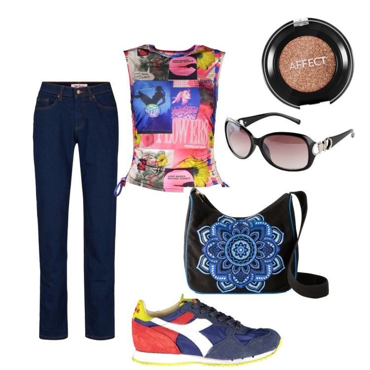 Outfit donna - Spazioalcolore. Stile Casual per Ufficio. Abbinamento con jeans mom, borse a tracolla, occhiali da sole, ombretti, canottiere, sneakers.