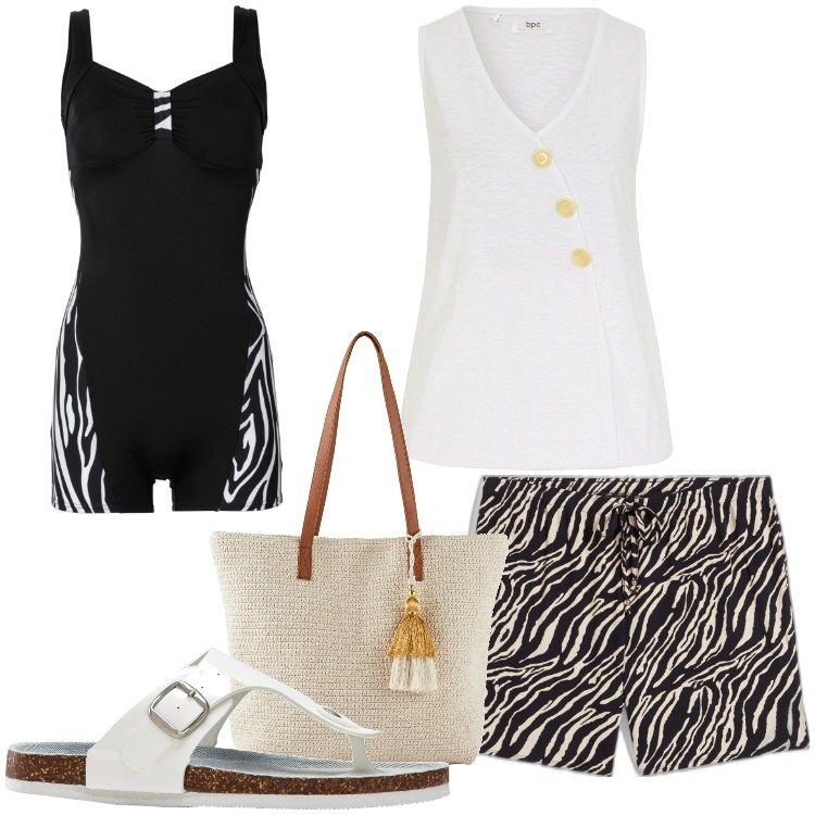 Outfit donna - Trend Zebra!. Stile Trendy per Mare. Abbinamento con infradito, top, costumi interi, shopping bag, pantaloni corti.