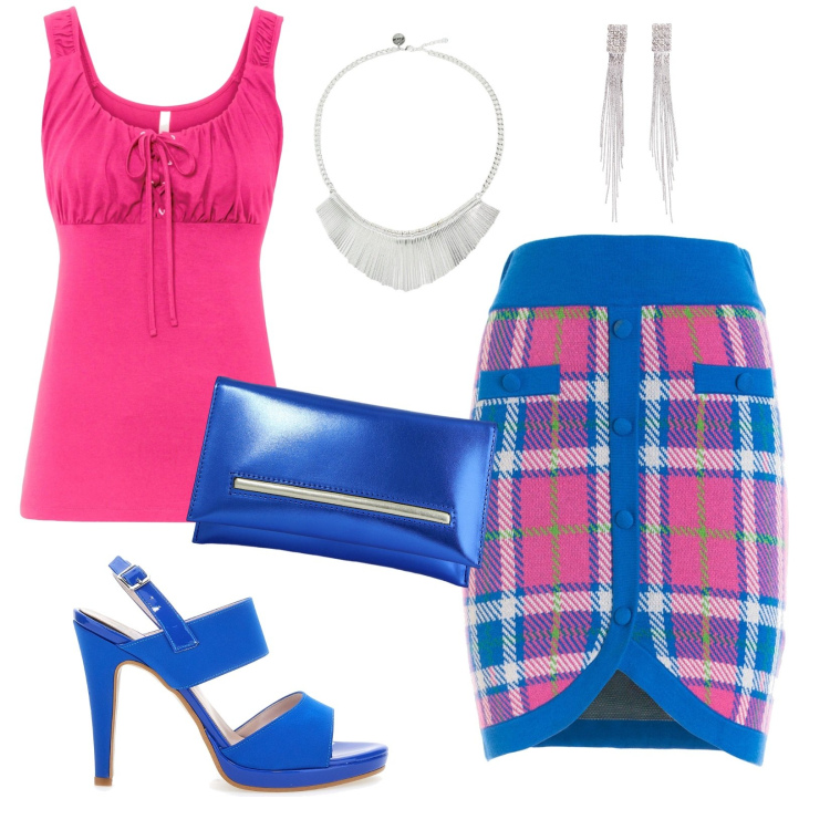 Outfit donna - Scozzese "stiloso". Stile Casual chic per Tutti i giorni. Abbinamento con orecchini, top, gonne, pochette, collane, sandali col tacco.