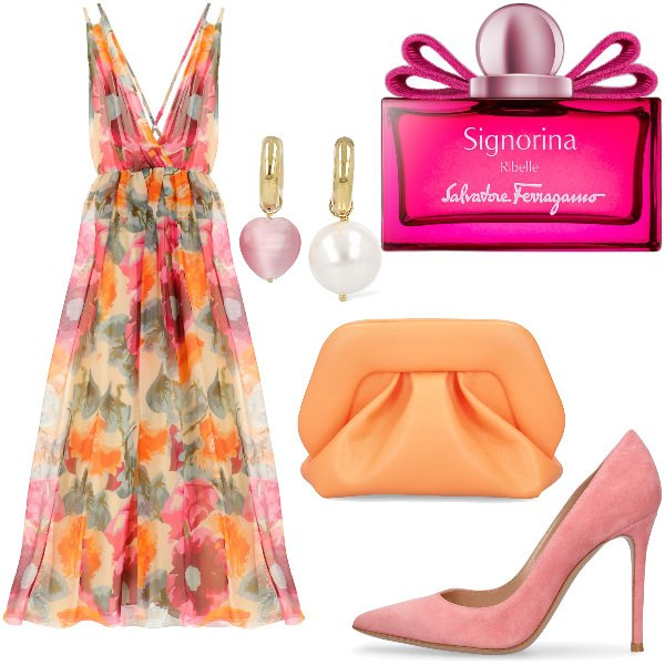 Outfit donna - Total look #1910700. Stile Romantica per Cerimonia. Abbinamento con profumi, vestiti lunghi, pochette, orecchini, décolleté.