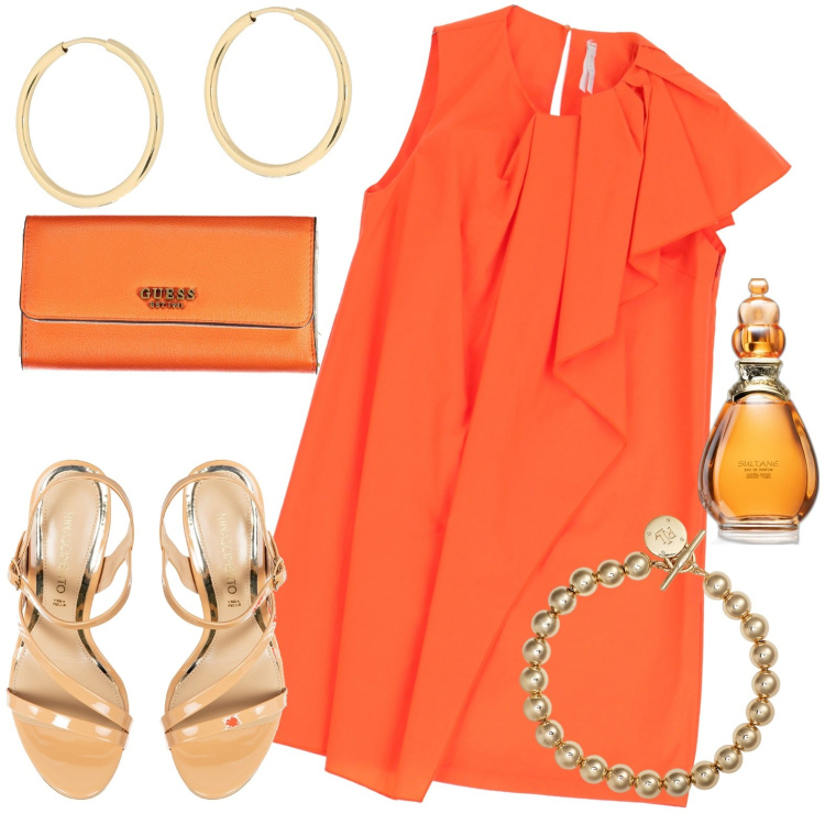 Outfit donna - Total look #1910701. Stile Casual per Tutti i giorni. Abbinamento con profumi, sandali in pelle, vestiti corti, braccialetti, portafogli, orecchini.