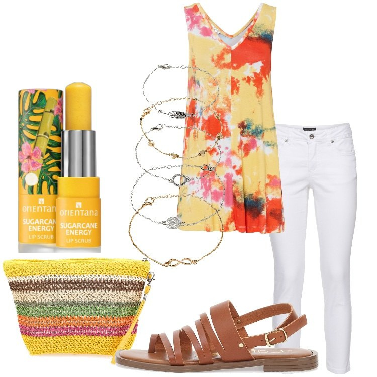 Outfit donna - Voglia d\'estate. Stile Basic per Tutti i giorni. Abbinamento con braccialetti con ciondoli, top, pantaloni, matite labbra, borse a mano, sandali in pelle.