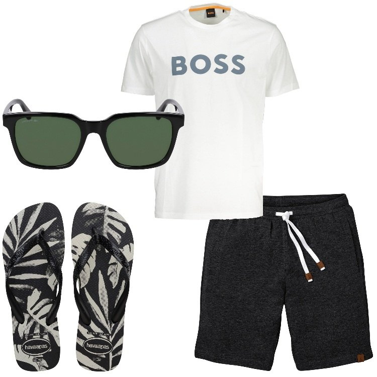 Outfit uomo - Infradito trendy in spiaggia. Stile Casual per Mare. Abbinamento con bermuda, t-shirt, occhiali da sole, sandali.