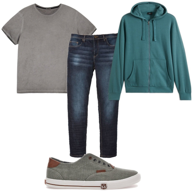 Outfit uomo - Total look #1910718. Stile Casual per Tutti i giorni. Abbinamento con jeans slim fit, felpe con cappuccio, t-shirt, sneakers.