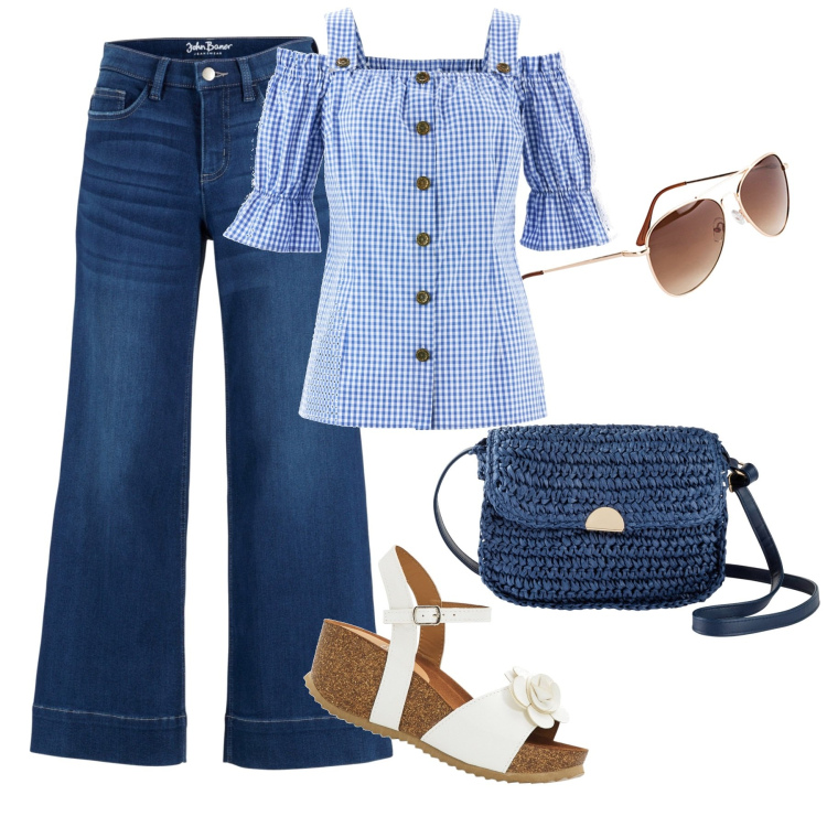 Outfit donna - BonPrix style. Stile Casual per Tutti i giorni. Abbinamento con camicie a manica corta, jeans a zampa, sandali, occhiali da sole, borse a tracolla.