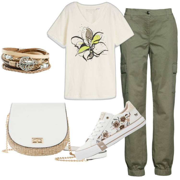 Outfit donna - BonPrix style. Stile Casual per Tutti i giorni. Abbinamento con pantaloni cargo, borse a tracolla, braccialetti, t-shirt, sneakers.
