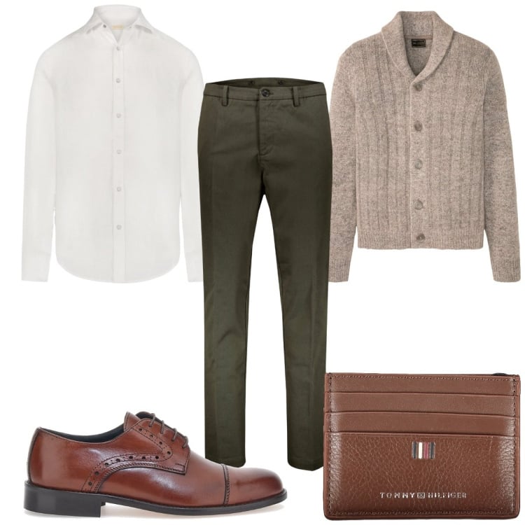 Outfit uomo - Total look #1910761. Stile Casual per Ufficio. Abbinamento con cardigans, portafogli, scarpe stringate, pantaloni, camicie.