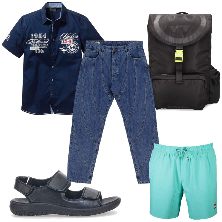 Outfit uomo - Total look #1910762. Stile Trendy per Mare. Abbinamento con camicie a manica corta, jeans dritti, borse sportive, costumi, sandali.