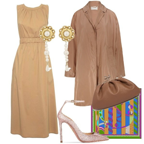 Outfit donna - Matrimonio a settembre. Stile Bon Ton per Cerimonia. Abbinamento con trench, vestiti lunghi, pochette, foulard, orecchini, décolleté.