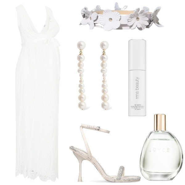 Outfit donna - Bonprix la sposa. Stile Romantica per Cerimonia. Abbinamento con vestiti, profumi, primer, cinture, sandali in pelle, orecchini.