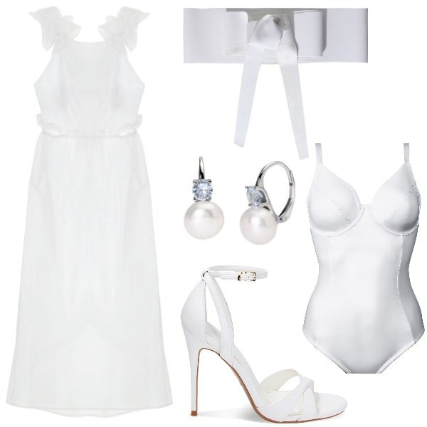Outfit donna - PLEASE la sposa. Stile Romantica per Cerimonia. Abbinamento con body, orecchini, vestiti lunghi, cinture, sandali col tacco.