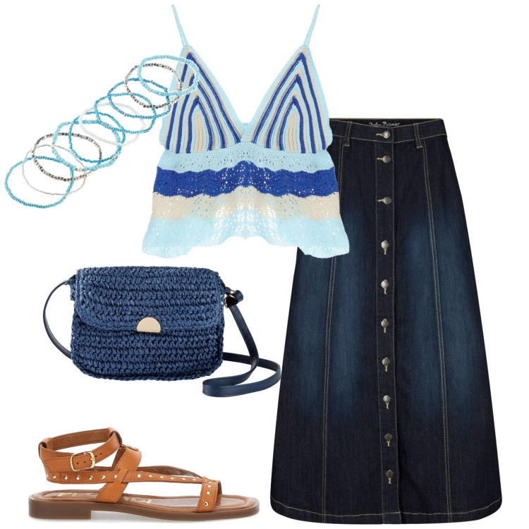Outfit donna - Total look #1910792. Stile Basic per Tutti i giorni. Abbinamento con gonne longuette, borse a tracolla, braccialetti, top, sandali.