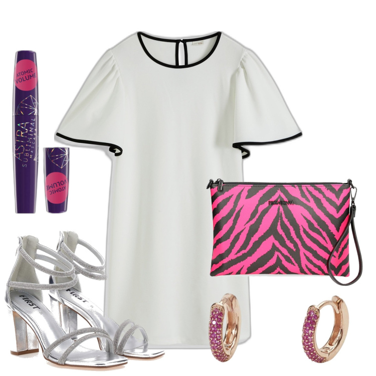 Outfit donna - Sera. Stile Bon Ton per Serata fuori. Abbinamento con vestiti, mascara, orecchini, valigie, sandali col tacco.