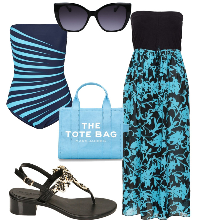 Outfit donna - Al mare. Stile Casual chic per Mare. Abbinamento con costumi interi, vestiti da spiaggia, ciabatte, borse tote, occhiali da sole.