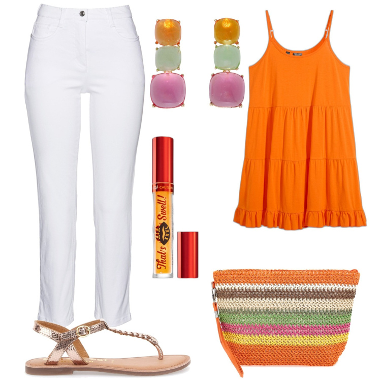 Outfit donna - Must have per l\'estate. Stile Chic per Mare. Abbinamento con top, pantaloni, gloss, orecchini, sandali in pelle, borse a mano.