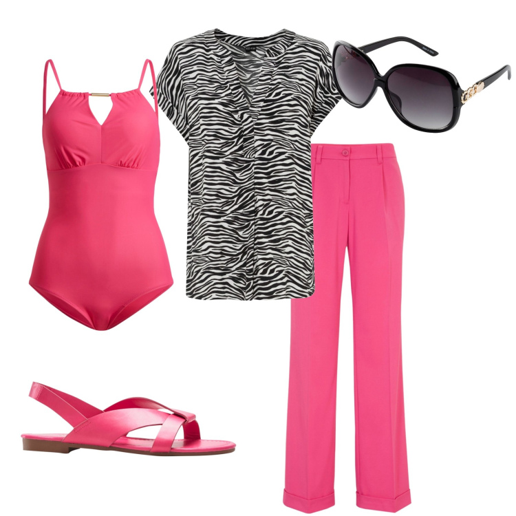 Outfit donna - zebra al mare. Stile Casual chic per Mare. Abbinamento con bluse, occhiali da sole, pantaloni, costumi interi, sandali.