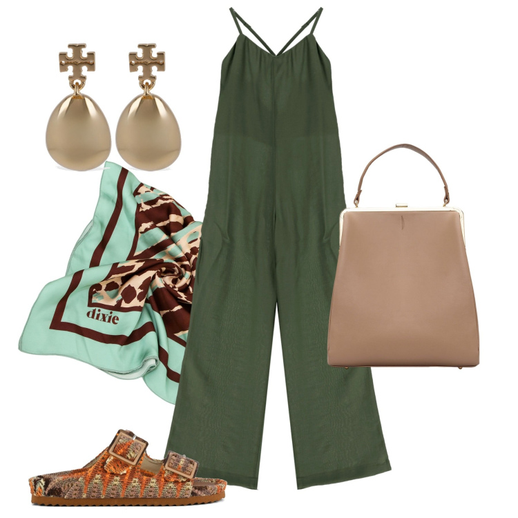 Outfit donna - Un foulard e vai. Stile Bon Ton per Tutti i giorni. Abbinamento con tute, foulard, sandali, borse a spalla, orecchini.