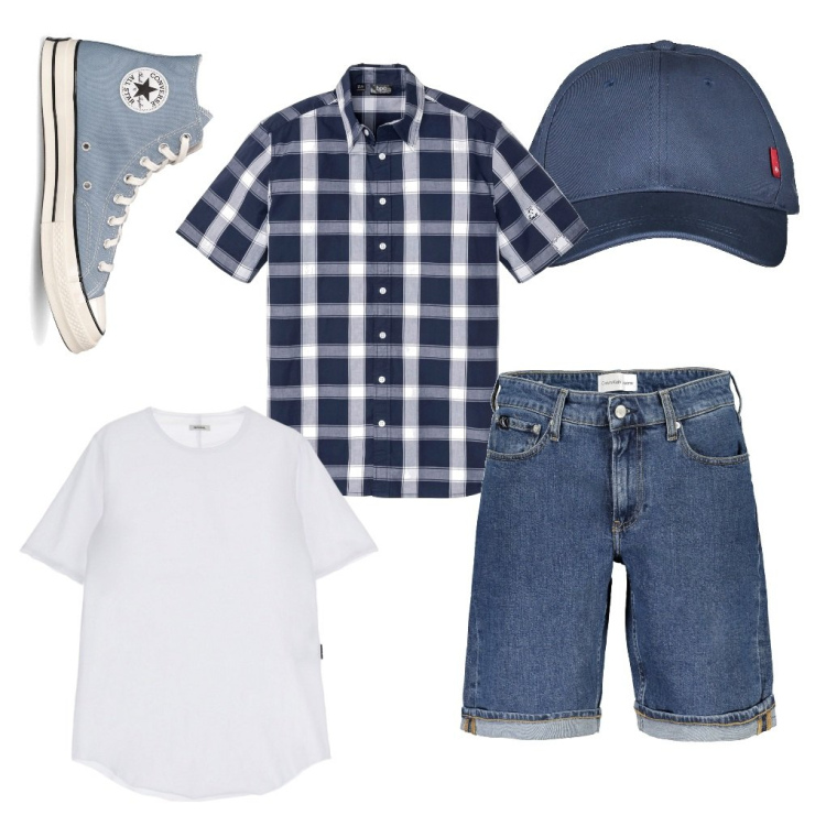 Outfit uomo - Ariele: aria sbarazzina. Stile Urban per Tutti i giorni. Abbinamento con camicie a manica corta, t-shirt, sneakers, cappelli con visiera, jeans.