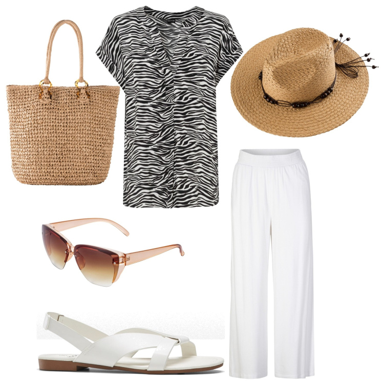 Outfit donna - estate africana. Stile Casual chic per Mare. Abbinamento con pantaloni, sandali, bluse, occhiali da sole, shopping bag, cappelli.