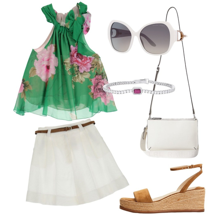 Outfit donna - Destinazione mare. Stile Glamour per Serata fuori. Abbinamento con braccialetti, canottiere, bermuda, occhiali da sole, espadrillas, borse a tracolla.