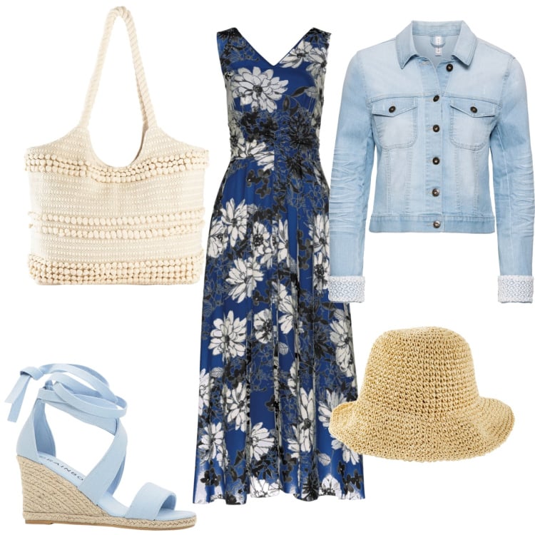 Outfit donna - estate romantica. Stile Romantica per Tutti i giorni. Abbinamento con blazer, cappelli, vestiti lunghi, shopping bag, sandali.