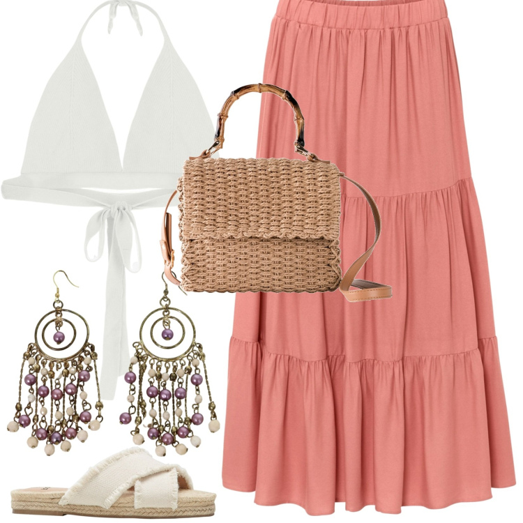 Outfit donna - Dalla spiaggia all\' aperitivo. Stile Boho per Mare. Abbinamento con gonne longuette, ciabatte, borse a mano, top, orecchini.