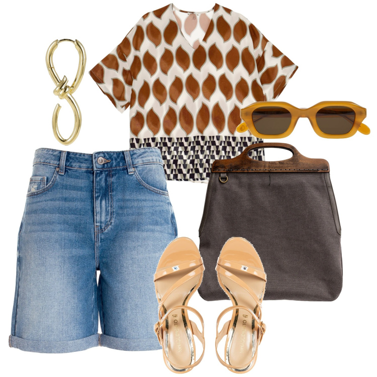 Outfit donna - Pomeriggio bermuda. Stile Casual chic per Tutti i giorni. Abbinamento con sandali in pelle, bermuda, bluse, borse a tracolla, occhiali da sole, orecchini.