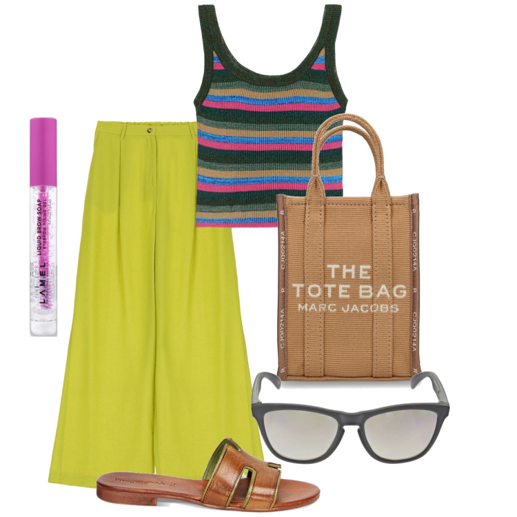 Outfit donna - Canotta ufficio. Stile Bon Ton per Ufficio. Abbinamento con mascara, maglieria, sandali, pantaloni a palazzo, borse tote, occhiali da sole.