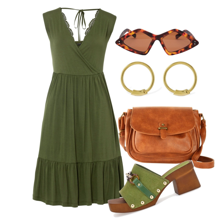 Outfit donna - Ghost outfitter - luglio. Stile Trendy per Tutti i giorni. Abbinamento con vestiti, borse a tracolla, zoccoli, occhiali da sole, orecchini.