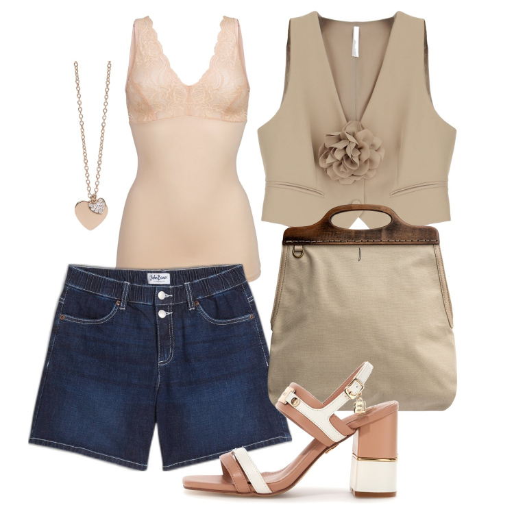 Outfit donna - Gilet e shorts. Stile Casual chic per Serata fuori. Abbinamento con top, shorts, ciondoli, gilet, borse a tracolla, sandali col tacco.