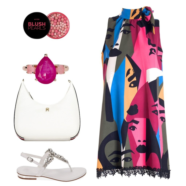 Outfit donna - Susy: sguardi. Stile Casual chic per Tutti i giorni. Abbinamento con blush, anelli, vestiti senza maniche, ciabatte, borse a tracolla.