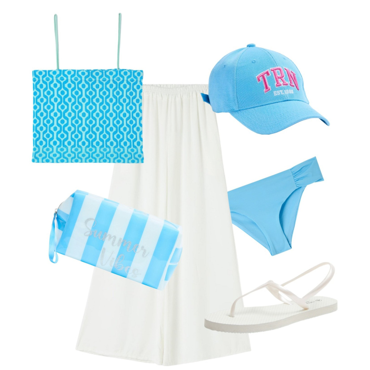 Outfit donna - Valigia pronta!!!. Stile Minimal per Mare. Abbinamento con sandali, pantaloni, valigie, bikini, cappelli, top.