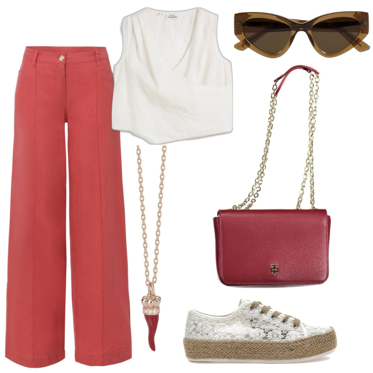 Outfit donna - Cherry red 2. Stile Minimal per Tutti i giorni. Abbinamento con pantaloni a palazzo, top, collane, espadrillas, borse a spalla, occhiali da sole.