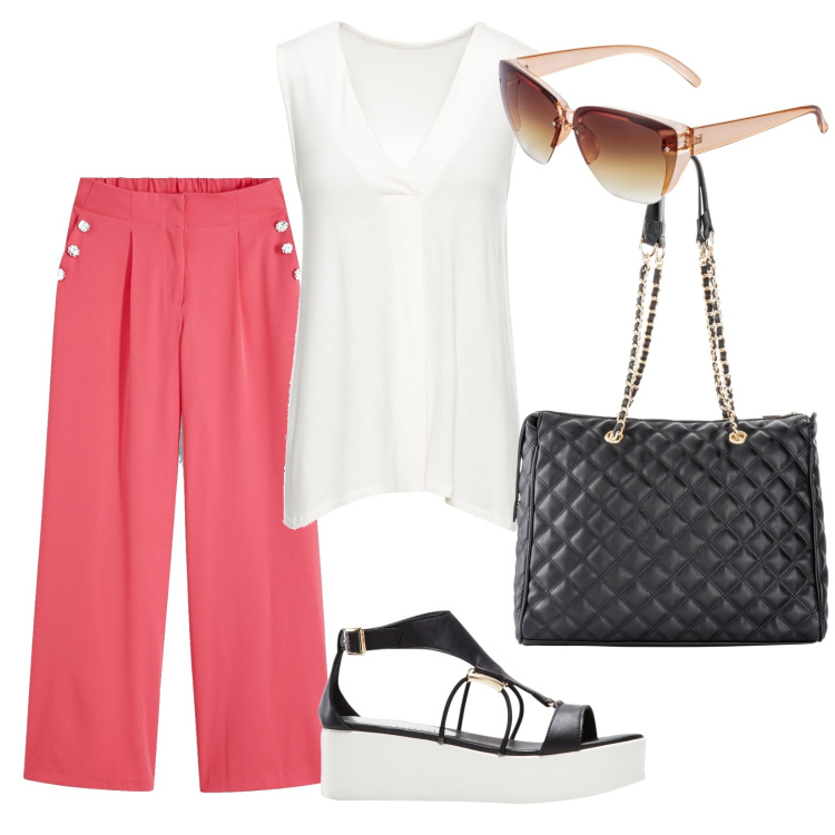 Outfit donna - Un tocco di colore. Stile Minimal per Ufficio. Abbinamento con occhiali da sole, top, shopping bag, pantaloni, sandali col tacco.