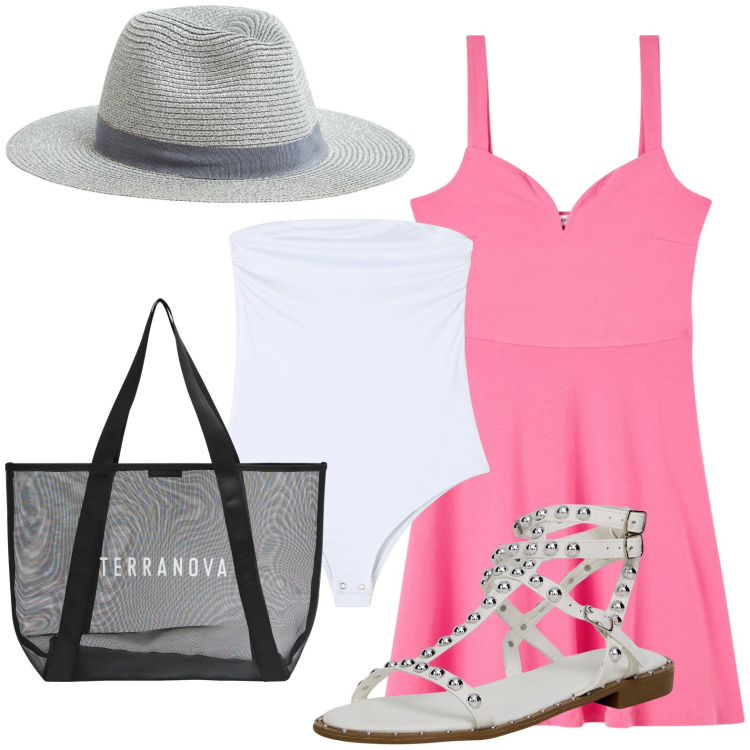 Outfit donna - Vestito rosa in valigia. Stile Basic per Tutti i giorni. look ideale per Petite. Abbinamento con body, cappelli, vestiti, sandali, shopping bag.