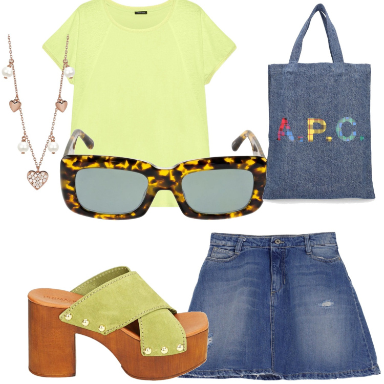 Outfit donna - Sabot seventies. Stile Casual per Tutti i giorni. Abbinamento con collane, minigonne, sandali col tacco, occhiali da sole, t-shirt, shopping bag.
