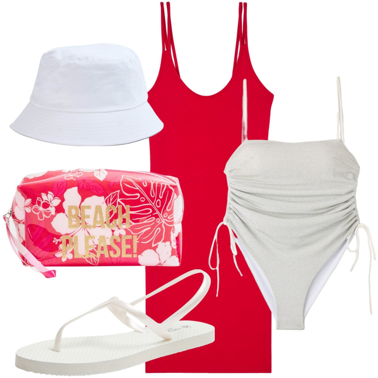 Outfit donna - Beach please. Stile Casual per Tutti i giorni. look ideale per Petite. Abbinamento con sandali, vestiti, costumi interi, valigie, cappelli.