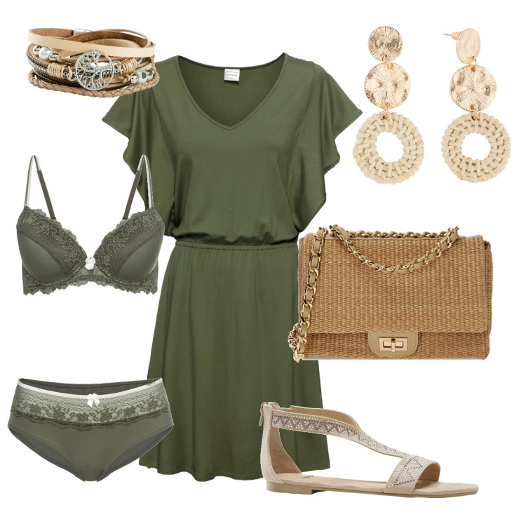 Outfit donna - Total look #1910906. Stile Urban per Tutti i giorni. Abbinamento con braccialetti, orecchini, vestiti, reggiseni, sandali, borse a tracolla.