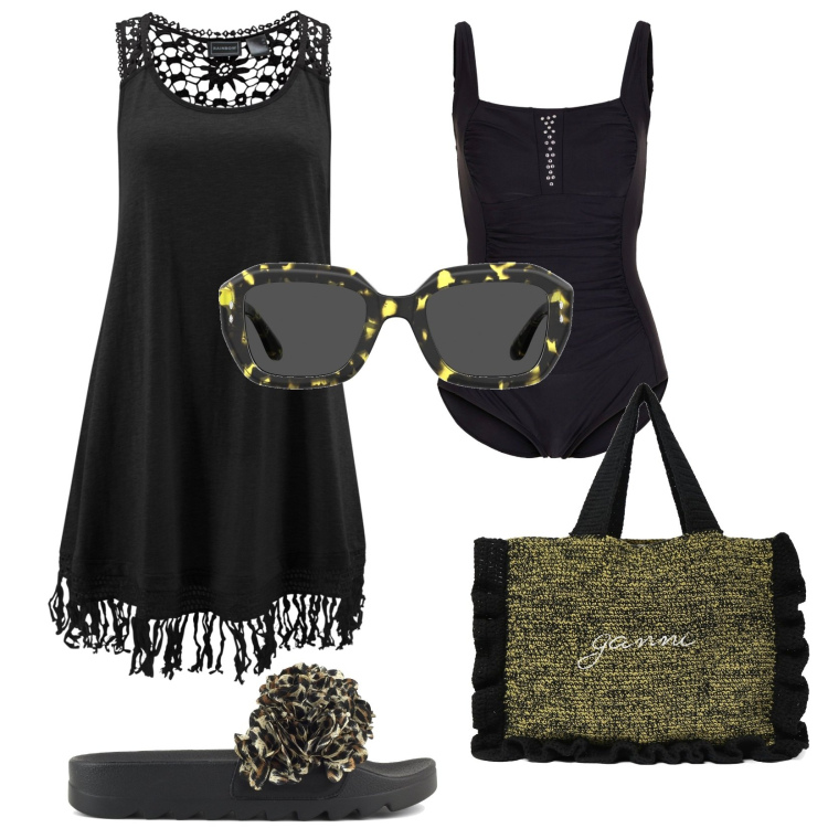 Outfit donna - Total look #1910911. Stile Casual per Mare. Abbinamento con costumi interi, vestiti da spiaggia, shopping bag, ciabatte, occhiali da sole.