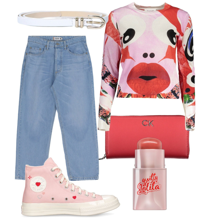 Outfit donna - Total look #1910919. Stile Trendy per Tutti i giorni. Abbinamento con blush, jeans dritti, cinture, sneakers, maglieria, portafogli.