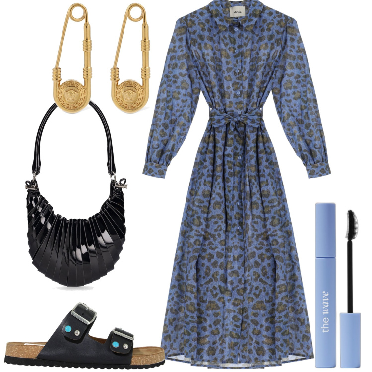 Outfit donna - Chemisier animalier. Stile Urban per Tutti i giorni. Abbinamento con mascara, vestiti lunghi, sandali gioiello, borse a mano, orecchini.