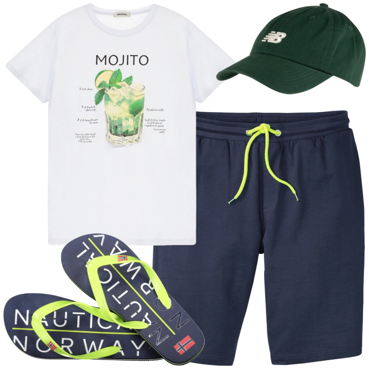 Outfit uomo - Total look #1910949. Stile Casual per Tutti i giorni. Abbinamento con bermuda, cappelli, t-shirt, sandali.