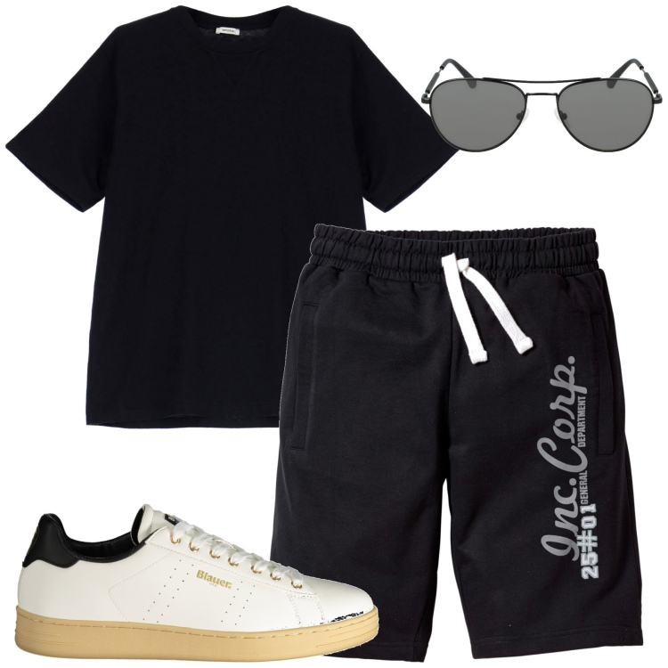 Outfit uomo - Total look #1910959. Stile Casual per Tutti i giorni. Abbinamento con bermuda, t-shirt, occhiali da sole, sneakers.