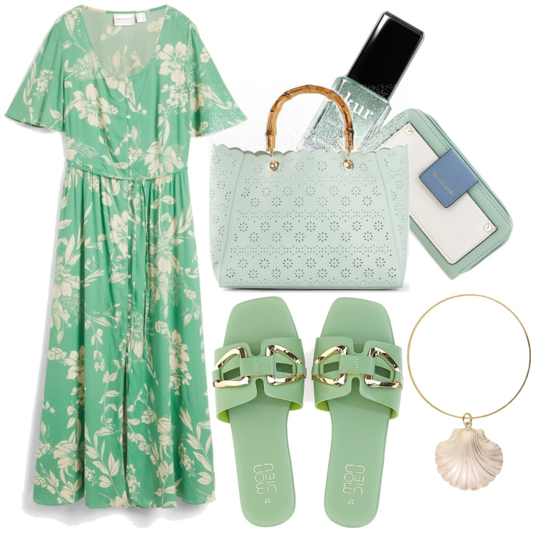 Outfit donna - Le ciabattine in voga quest\' estate. Stile Casual per Tutti i giorni. Abbinamento con borse a mano, vestiti lunghi, smalti, braccialetti, ciabatte, portafogli.