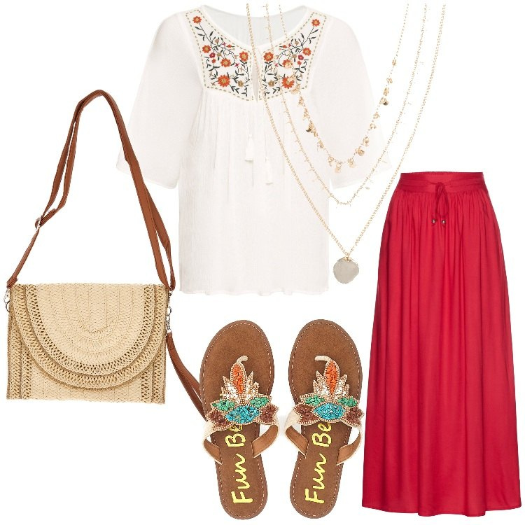 Outfit donna - Mood Boho. Stile Boho per Tutti i giorni. Abbinamento con gonne lunghe, tuniche, collane, ciabatte, borse a tracolla.